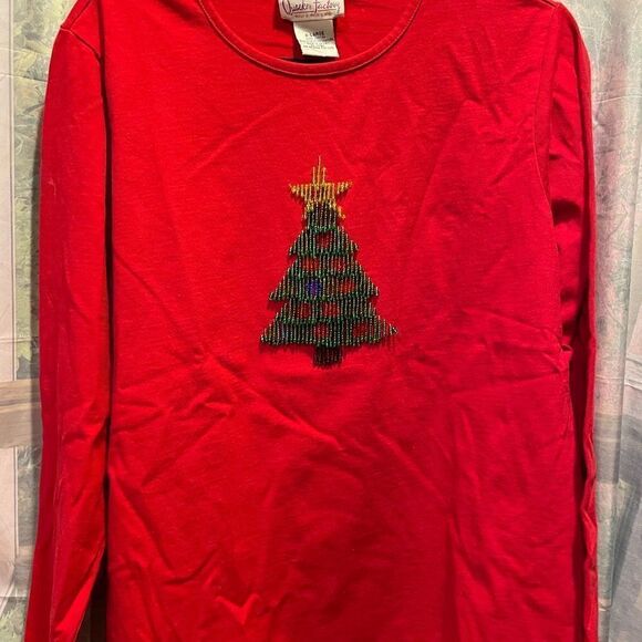Quacker Factory Woman’s Glass Beaded Christmas Tree long sleeved red shirt XL - Picture 10 of 11